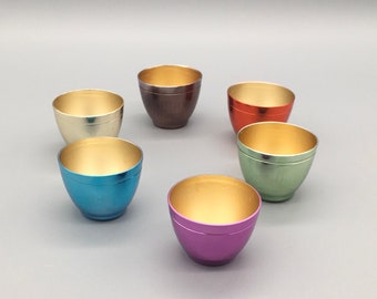 Mid Century Aluminum Cups | Set of 6 Colored Shot Glasses | Small Liqueur Glasses | Vintage, Retro Barware German | 1950s/ 1960s