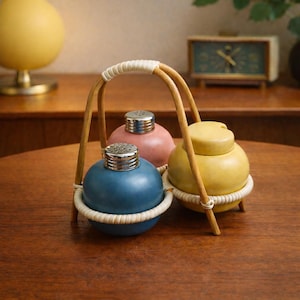 Puede incluir: Un juego de tres saleros y pimenteros de cerámica en una cesta tejida. Los saleros son azules, rosas y amarillos con tapas plateadas. La cesta tiene un asa de madera y una base tejida blanca. El juego está sobre una mesa de madera.