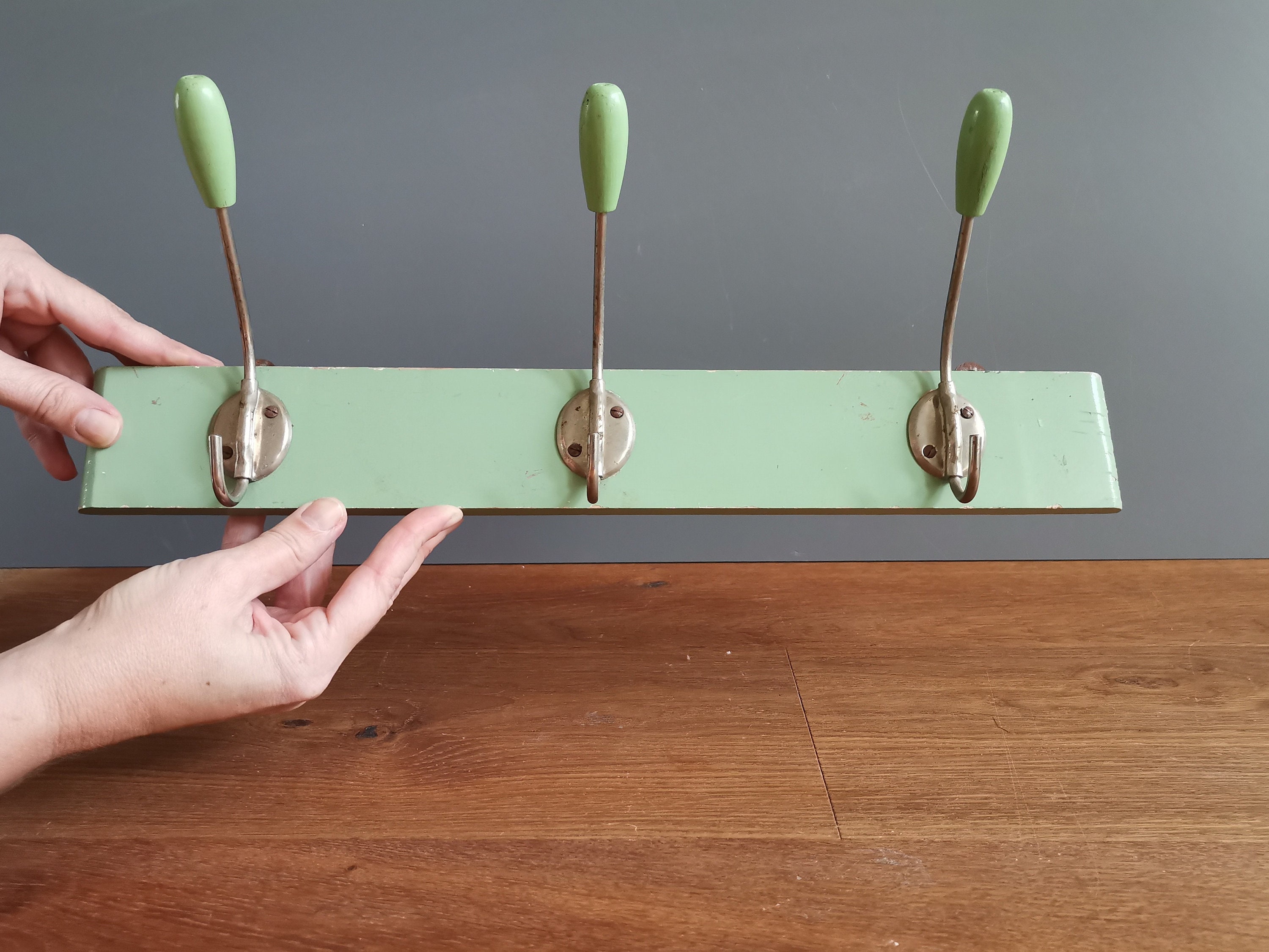 MCM Coat Racks Wood With Silver Metal Hooks Midcentury Clothes Hangers