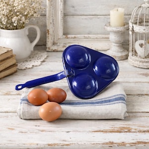 Enamel Egg Pan for 3 Fried Eggs | Rectangular Shape | Antique, Vintage Donut Dish | Dark Blue & White | Farmhouse Decoration | Austria 1940s