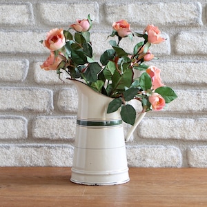 Antique Enamel Pitcher | Vintage Jug With Handle | Cream, Off White & Green | 1,5 Liters Watertight | Rustic French Farmhouse Décor | 1940s