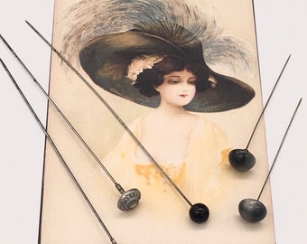 Antieke lange hoed pinnen | Zilver, grijs en zwart | Set van 5 ronde vintage hoedenspelden, reversspeldjes, sjaalspelden | Art-deco | Jaren 1920 tot 1940