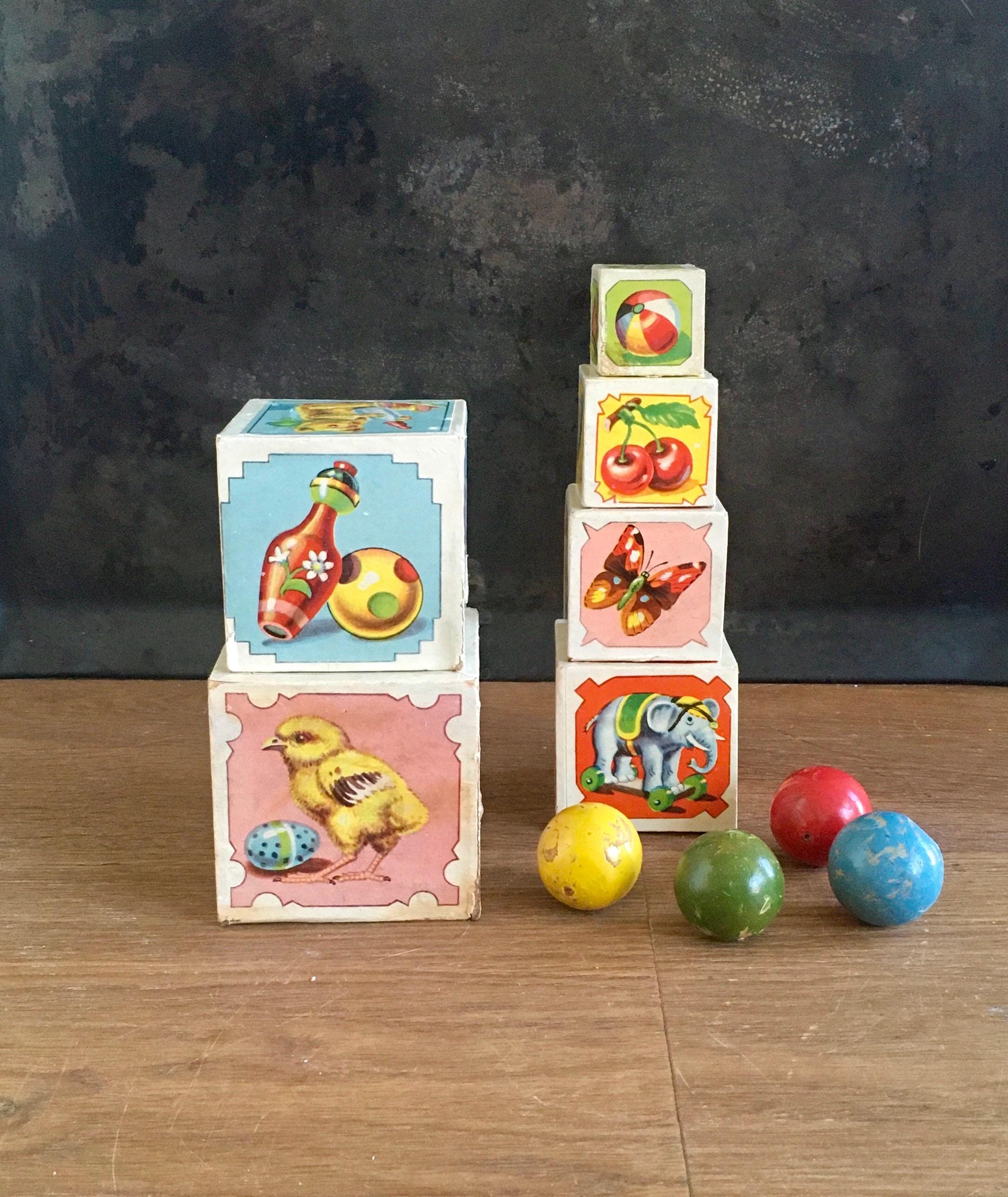Vintage Stackable Blocks | Wooden Nesting Building Picture Boxes