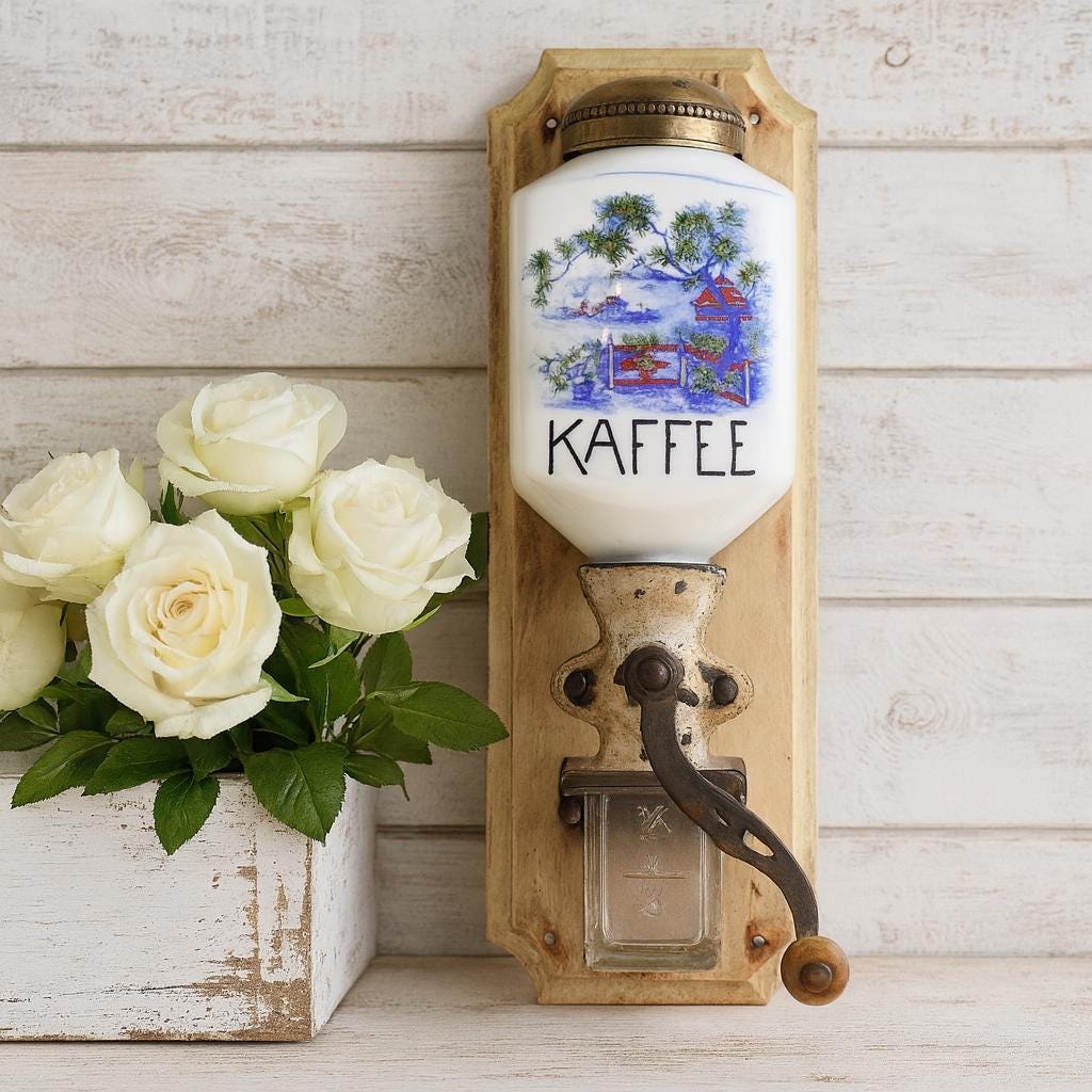 Antique Wall-mounted Coffee Grinder | Ceramic, Wood, Metal, Glass