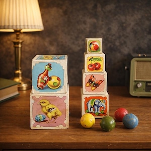 Vintage stapelbare blokken | Houten nestkastjes voor gebouwen | Speelgoed voor peuters | Kleurrijke dieren, fruit, enz. | Gemaakt in Duitsland, jaren 50