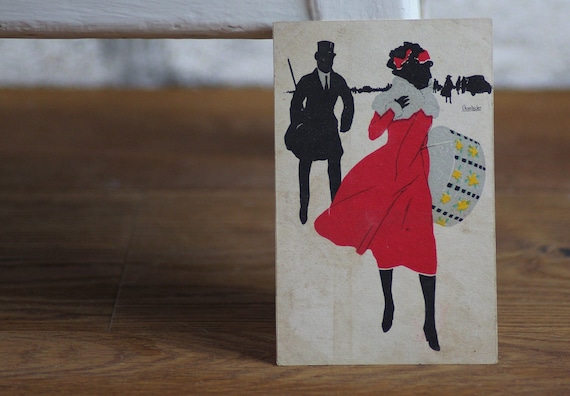 Antique Postcard Girl Silhouette Red Coat & Hatbox, Man with Hat | Spanish Art | Colorized Drawing by Chantecler | Art Nouveau 1910/1920