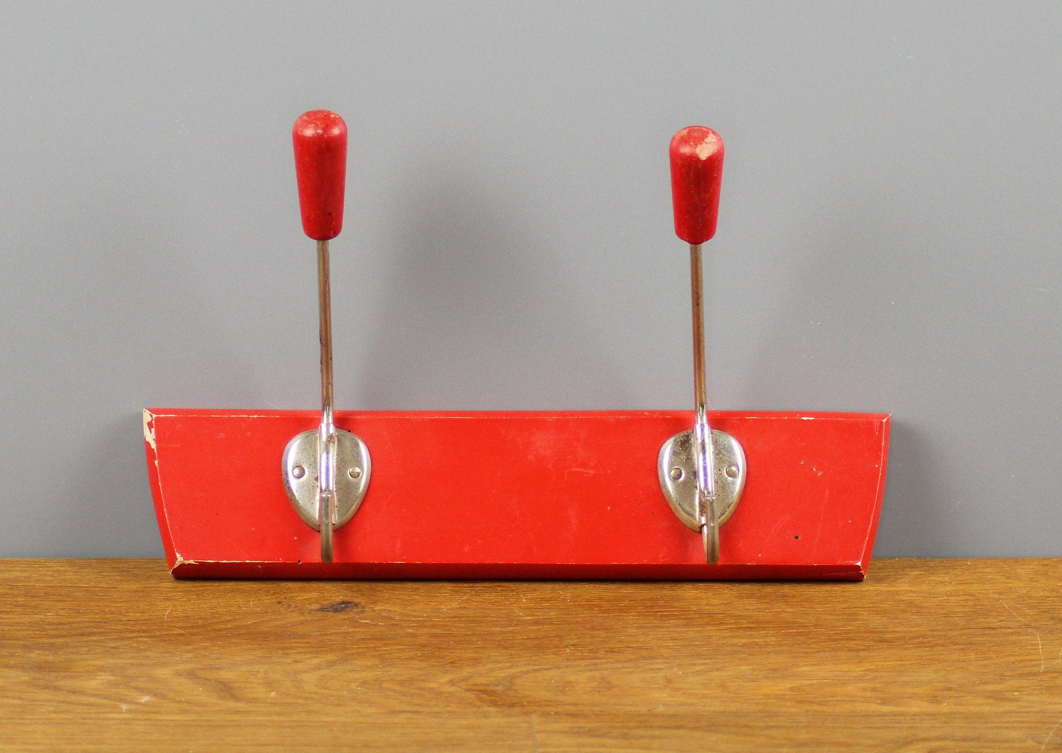 MCM Coat Racks Wood With Silver Metal Hooks Midcentury Clothes Hangers