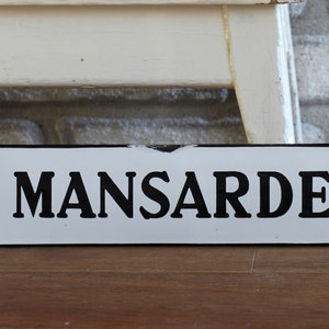 Antiek emaille bord | Bord MANSARDE, zolder, zolder | Gebogen email | Wit en zwart | Origineel authentiek | Art nouveau, Edwardiaans tijdperk, 1900