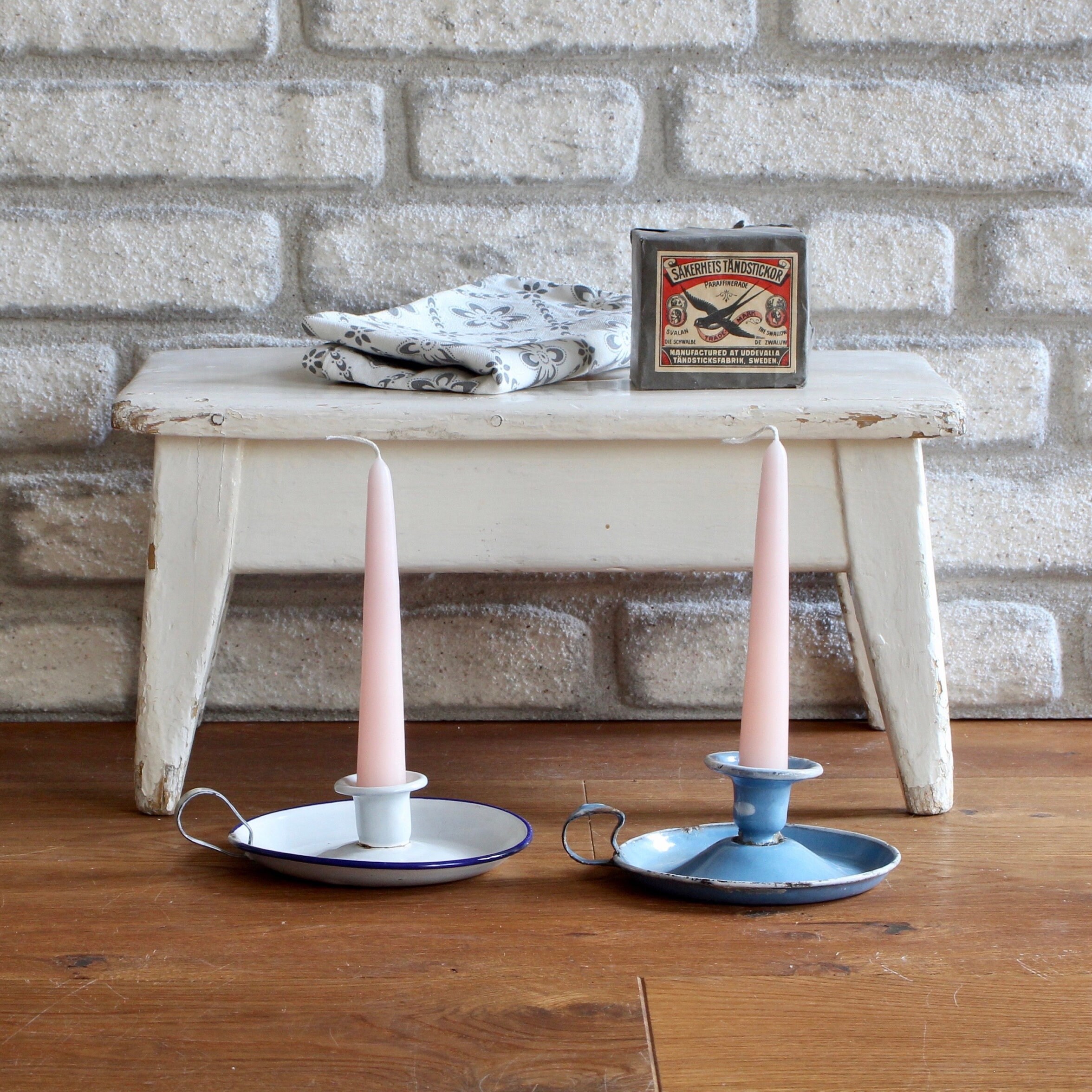 Antique Enamel Candle Stick Holders | Round Chamberstick With