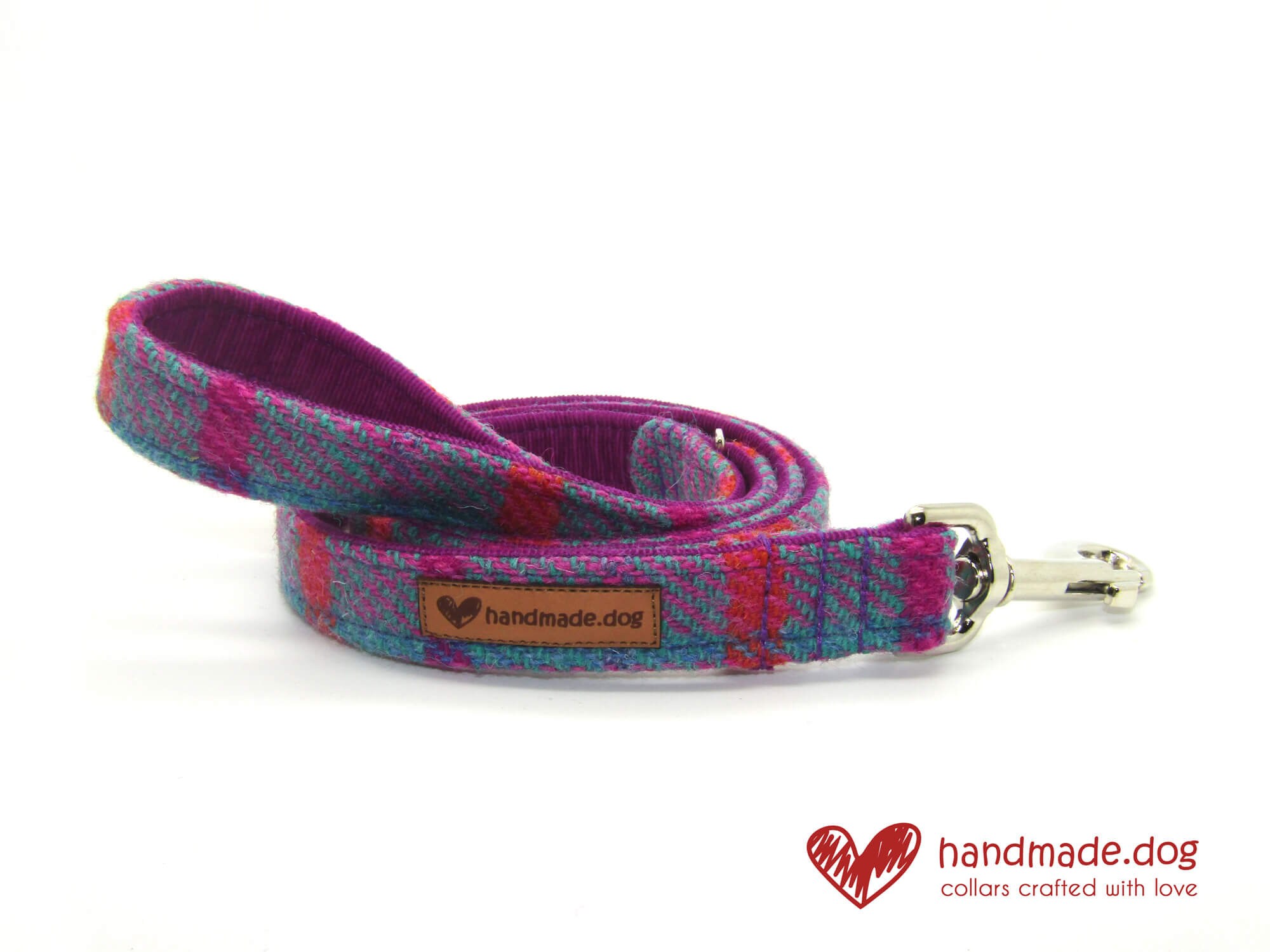 Hand Stitched Dog Collar Customisable Bright Purple & Turquoise Harris Tweed Collar on Leather
