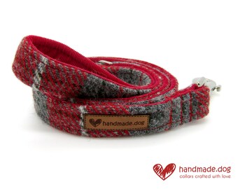 Ręcznie robiona czerwona smycz dla psa w kratkę 'Harris Tweed'