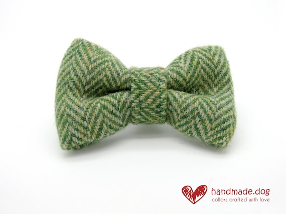 Handmade Green Herringbone 'Harris Tweed' Dog Dickie Bow