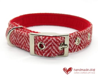 Red Herringbone 'Harris Tweed' Dog Collar