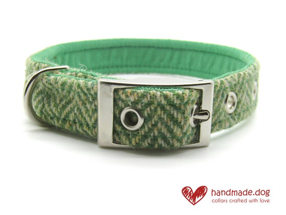 Handmade Green Herringbone 'Harris Tweed' Dog Collar