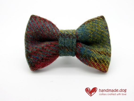 Handmade Dark Green and Yellow Check 'Harris Tweed' Dog Dickie Bow