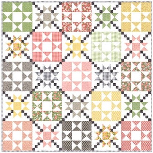 May include: A quilt block pattern with a variety of colorful fabrics. The quilt blocks are arranged in a grid pattern and feature a star design. The fabrics include floral prints, gingham, and polka dots.