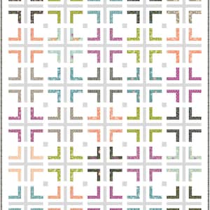 May include: A quilt pattern with a grid of 64 squares. Each square is filled with a different patterned fabric. The fabrics are in shades of green, blue, pink, orange, and brown. The pattern is made up of small squares and rectangles.