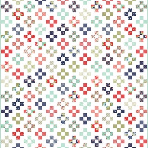 Könnte beinhalten: Ein Quiltmuster mit weißem Hintergrund und einer Vielzahl von bunten Quadraten. Die Quadrate sind in einem Gittermuster angeordnet und zeigen verschiedene florale und geometrische Designs. Die Farben umfassen Rot, Blau, Grün und Weiß.