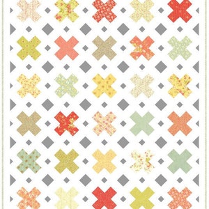 Op de afbeelding: Een quiltpatroon met een witte achtergrond en een raster van grijze ruiten. De quilt is gemaakt van kleurrijke vierkanten met een kruispatroon in elk vierkant. De kleuren omvatten rood, oranje, geel, groen en blauw.
