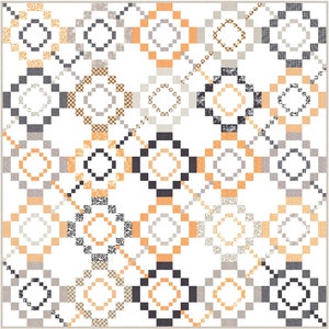May include: A quilt pattern with a white background and a repeating pattern of black, orange, and grey circles and squares.