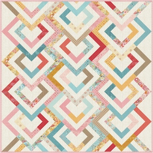 May include: A colorful quilt with a geometric heart pattern. The quilt features a cream background with a repeating design of connected hearts in shades of pink, blue, red, brown, and yellow. The quilt has a pink border.