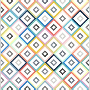 May include: A white background with a repeating pattern of colorful diamond shapes. Each diamond has a black square in the center and is outlined in a different color. The colors include yellow, blue, green, pink, and red.
