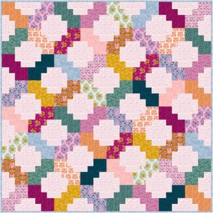 May include: A quilt with a patchwork design featuring a variety of floral patterns in pink, blue, green, yellow, and red. The quilt is made up of squares and rectangles, and the patterns are arranged in a diagonal pattern.
