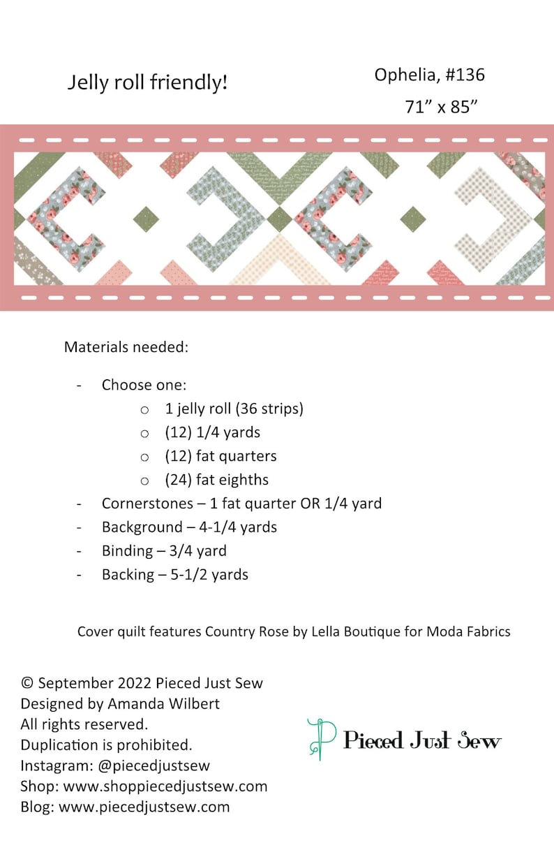 Ophelia PDF digitaal quiltpatroon van Pieced Just Sew, Jelly Roll of Fat Quarter Friendly afbeelding 3