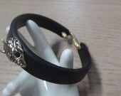 2101-2101 - Black Leather Cuff Bracelet - Japanese Noh Mask Hannya Devil Demon Brass Concho - Oni Noh Mask - Prajna - Samurai Mask