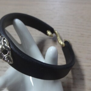 2101-2101 - Black Leather Cuff Bracelet - Japanese Noh Mask Hannya Devil Demon Brass Concho - Oni Noh Mask - Prajna -  Samurai Mask