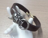 2101-2103 - Leather Cuff Bracelet - Japanese Noh Mask Hannya Devil Demon Silver-plated Concho - Oni Noh Mask - Prajna - Samurai Mask
