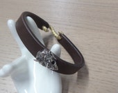 2101-2102 - Leather Cuff Bracelet - Japanese Noh Mask Hannya Devil Demon Silver-plated Concho - Oni Noh Mask - Prajna - Samurai Mask