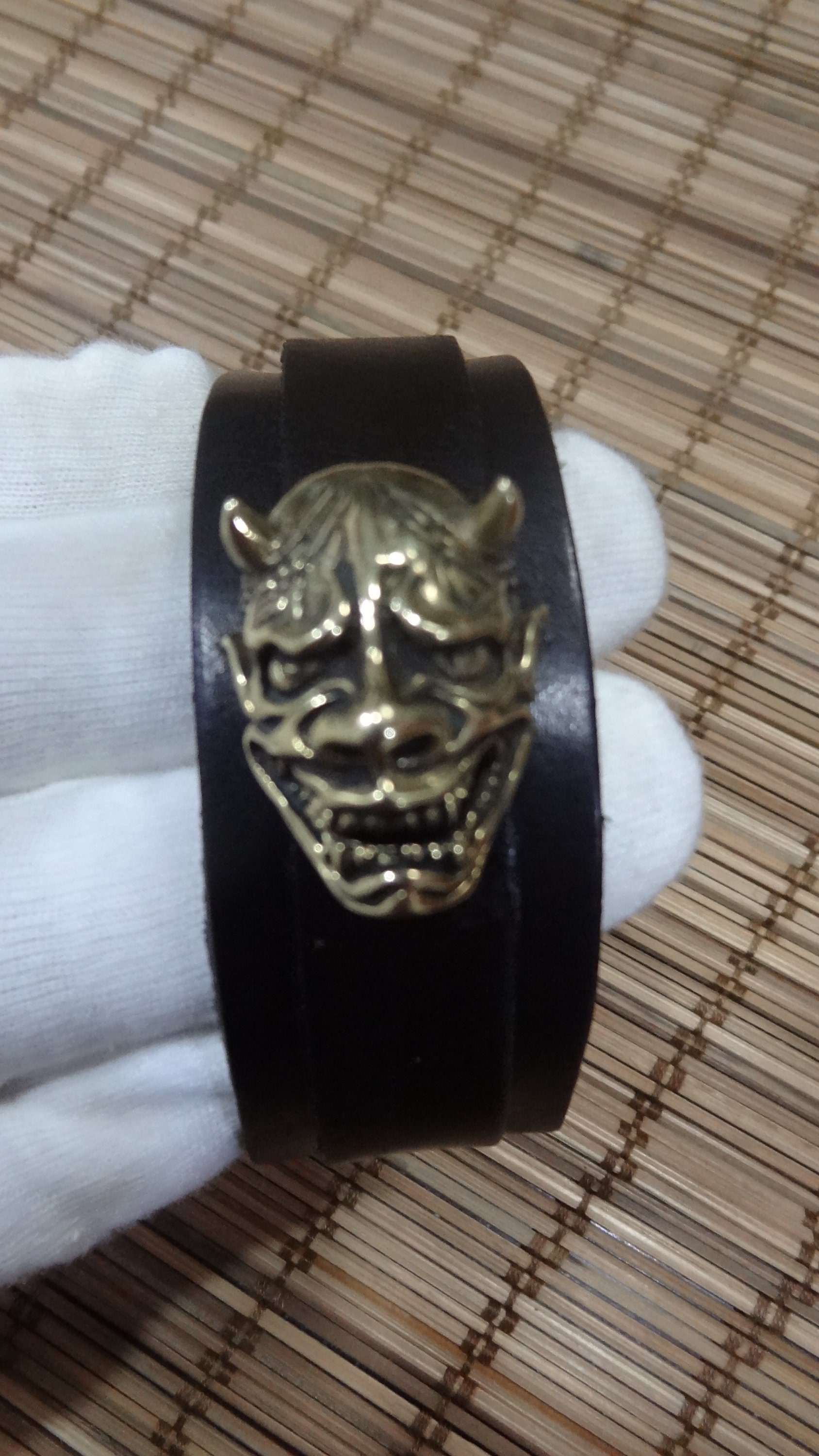 1912-23 - Black Leather Cuff Bracelet - Japanese Noh Mask