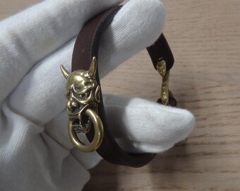 踊り用掛け 2101-2105 - Leather Cuff Bracelet - Japanese Noh Mask Hannya