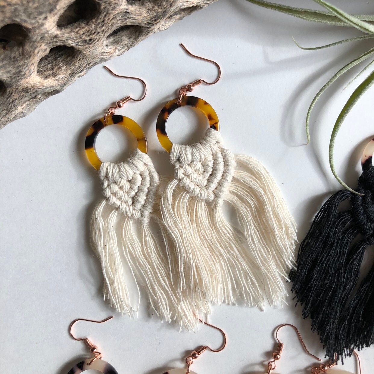 Macramé Earrings With Tortoise Shell Hoops/boho Etsy