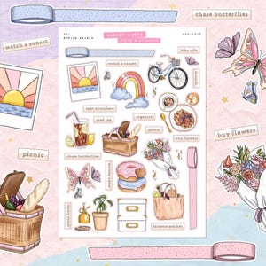 Saison printanière • Liste de produits • Feuille d'autocollants pour le journal indésirable • Griffonnages et dessins • Autocollants de scrapbooking • Vision Board • Esthétique rétro