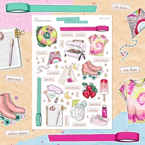 Saison estivale • Liste de produits • Feuille d'autocollants pour le journal indésirable • Griffonnages et dessins • Autocollants de scrapbooking • Vision Board • Esthétique rétro