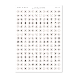 May include: A sticker sheet titled W CIRCLE LETTERS V2 and SADIE'S STICKERS featuring a grid of circular stickers. Each sticker contains a single black uppercase letter from A to Z centered within a thin pink circular outline on a white background.