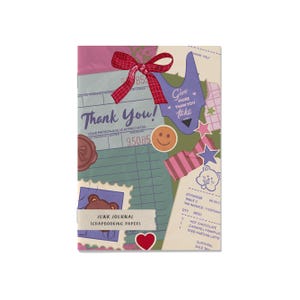 May include: A collage of scrapbook papers with a red bow, a smiley face sticker, and a heart. The text "Thank You!" is prominent, along with "Give More Than You Take." The words "Junk Journal Scrapbooking Papers" are also visible.