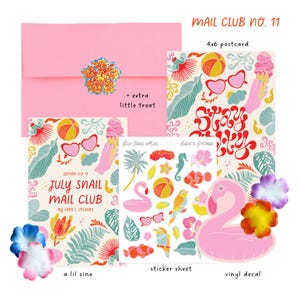 May include: A stationery set including a pink envelope with a glittery flower seal, a 4x6 postcard, a zine titled July Snail Mail Club by Sadie's Stickers, a sticker sheet with tropical icons, a pink flamingo vinyl decal, and loose fabric flowers.