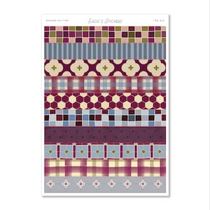 May include: A sheet of decorative stickers with various patterns. The stickers feature designs such as plaid, geometric shapes, and floral motifs in shades of purple, blue, and beige. The text "Sadie's Stickers" is at the top.