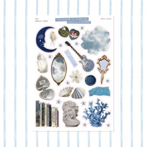 May include: A sheet of stickers with a dream-core theme. The stickers include a crescent moon, a fish, a cloud, a guitar, a mirror, a seashell, a bust, and books. The color palette is primarily blue and gold, with some white and gray accents. The text "TRINKETS & TIDBITS BADIE & STICKERS" is visible.