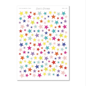 May include: A rectangular sticker sheet titled TPPS RAINBOW STARS and SADIE'S STICKERS with code NZ6-L195. The sheet features a dense pattern of small, multi-colored five-pointed stars in shades of yellow, pink, orange, blue, purple, and light green.