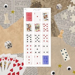 May include: A sheet of playing card stickers featuring various suits and face cards. The stickers include red hearts, black spades, and blue diamonds. The words "game night" are printed at the top.