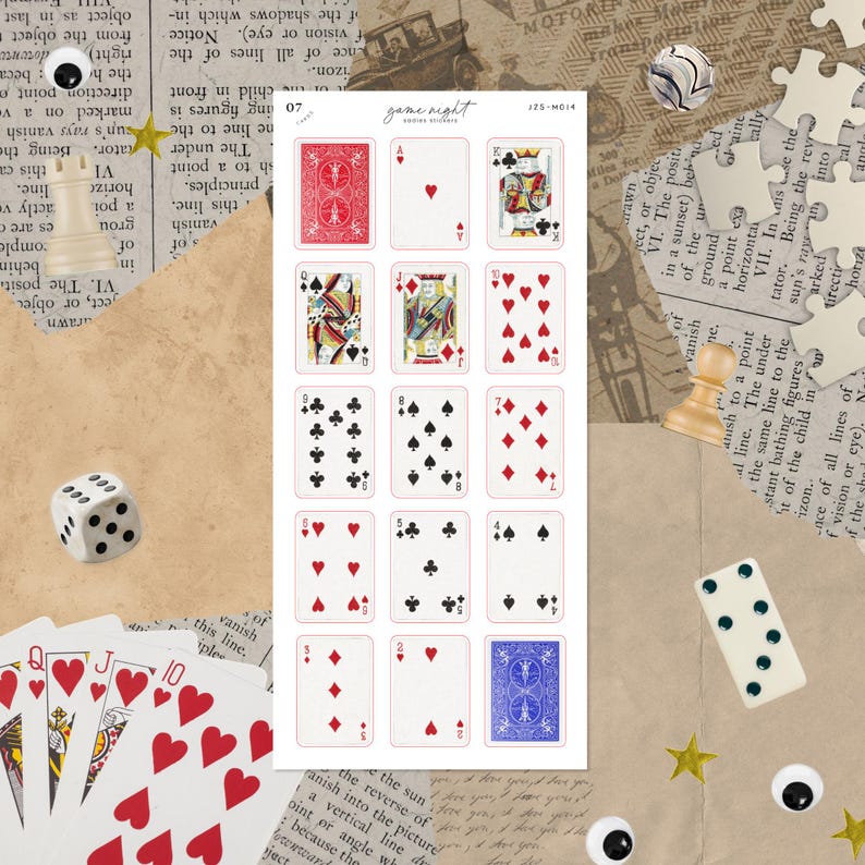 May include: A sheet of playing card stickers featuring various suits and face cards. The stickers include red hearts, black spades, and blue diamonds. The words "game night" are printed at the top.