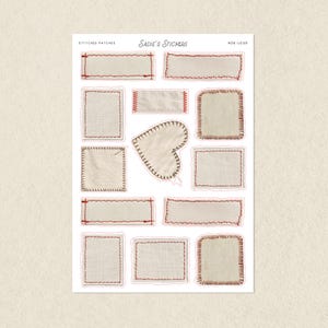 May include: A sticker sheet featuring various fabric patches with red stitched borders. The patches are in different shapes, including rectangles, squares, and a heart. The text "Sadie's Stickers" is at the top.