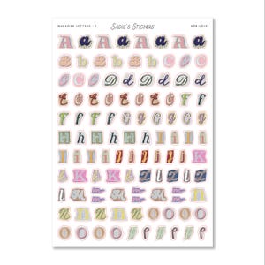 May include: A sheet of stickers featuring magazine-style letters in various colors and patterns. The stickers include uppercase and lowercase letters, with a variety of fonts and decorative elements. The sheet is labeled "Sadie's Stickers."