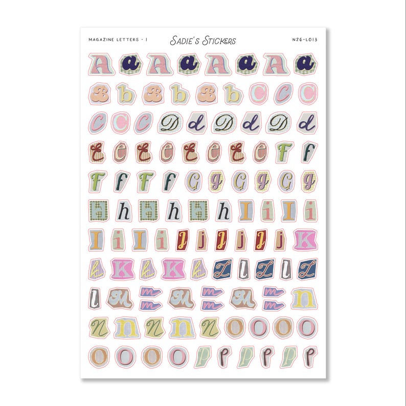May include: A sheet of stickers featuring magazine-style letters in various colors and patterns. The stickers include uppercase and lowercase letters, with a variety of fonts and decorative elements. The sheet is labeled "Sadie's Stickers."