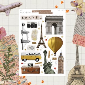 Voyageur du monde • Feuille d'autocollants pour journal indésirable • Bibelots et bouchées • Autocollants de scrapbooking • Vision Board • Esthétique rétro • Carnet de voyage