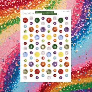 Botões Arco-Íris • Pequenos Tesouros • Cartela de Adesivos para Diário de Arte • Bugigangas e Lembrancinhas • Adesivos para Scrapbook • Quadro de Inspiração • Estética Vintage